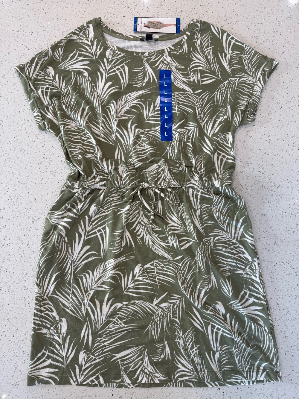 Hilary Radley Olive Green and White Palm-Print Drawstring Dress